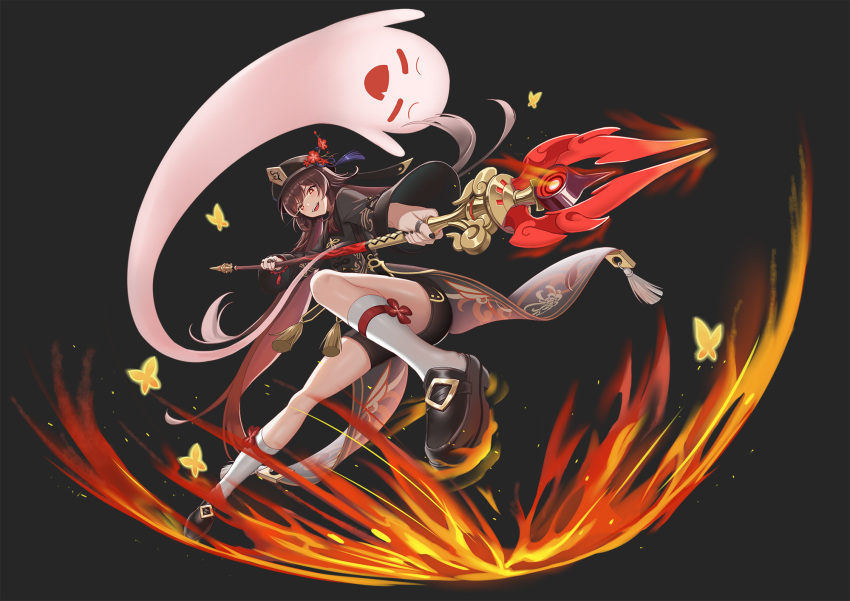 1girl :d black_coat black_footwear black_nails black_shorts brown_hair coat dawn_(664387320) fire flower flower-shaped_pupils full_body genshin_impact ghost hat hat_flower highres holding holding_spear holding_weapon hu_tao kneehighs leg_up long_hair long_sleeves looking_at_viewer multiple_rings nail_polish open_mouth plum_blossoms polearm red_eyes red_flower short_shorts shorts smile solo spear standing standing_on_one_leg thighs thumb_ring twintails upper_teeth very_long_hair weapon white_legwear wide_sleeves