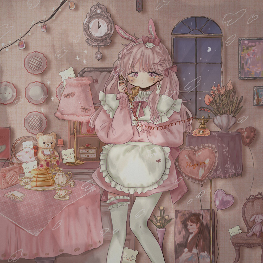 2girls apron balloon cabinet chest_of_drawers christmas_lights clock cup doily flower food_print frilled_sleeves frills heart heart-shaped_balloon highres lamp lights long_sleeves maid maid_apron moon multiple_girls original painting_(object) pendulum phone pink_sleeves pink_sweater radio sad saucer shinanashina strawberry_print stuffed_animal stuffed_toy sweater table teacup teapot teddy_bear thigh-highs vase window wire