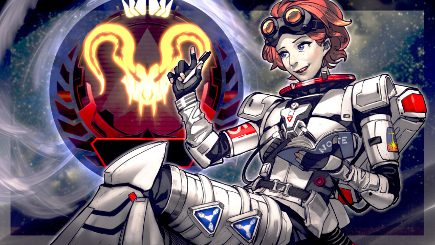 1girl apex_legends armor black_gloves blue_eyes book cable crossed_legs fingerless_gloves gloves goggles goggles_on_head hair_behind_ear highres holding holding_book holding_pen horizon_(apex_legends) open_mouth orange_hair pen pointing science_fiction short_hair sitting smirk solo thinker_0616
