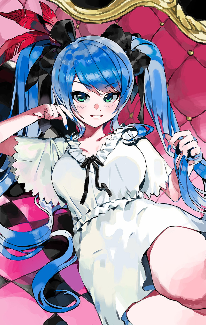 1girl 2pineapplepizza black_bow black_ribbon blue_hair blue_nails blush bow breasts checkered couch dress feathers frilled_dress frills green_eyes grin hair_bow hair_feathers hatsune_miku highres holding holding_hair long_hair lying on_back panties panty_peek ribbon smile twintails underwear vocaloid white_dress world_is_mine_(vocaloid)
