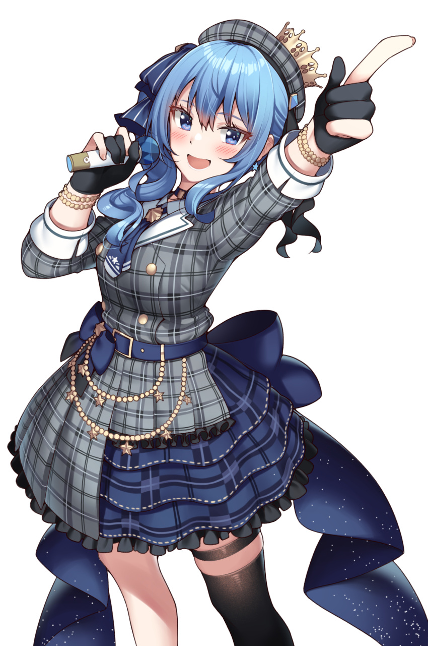 1girl :d black_gloves blue_eyes blue_hair blue_skirt blush fingerless_gloves gloves grey_headwear grey_skirt hat highres holding holding_microphone hololive hop3 hoshimachi_suisei index_finger_raised long_hair looking_at_viewer microphone open_mouth plaid plaid_headwear plaid_skirt simple_background skirt smile two-tone_skirt virtual_youtuber white_background