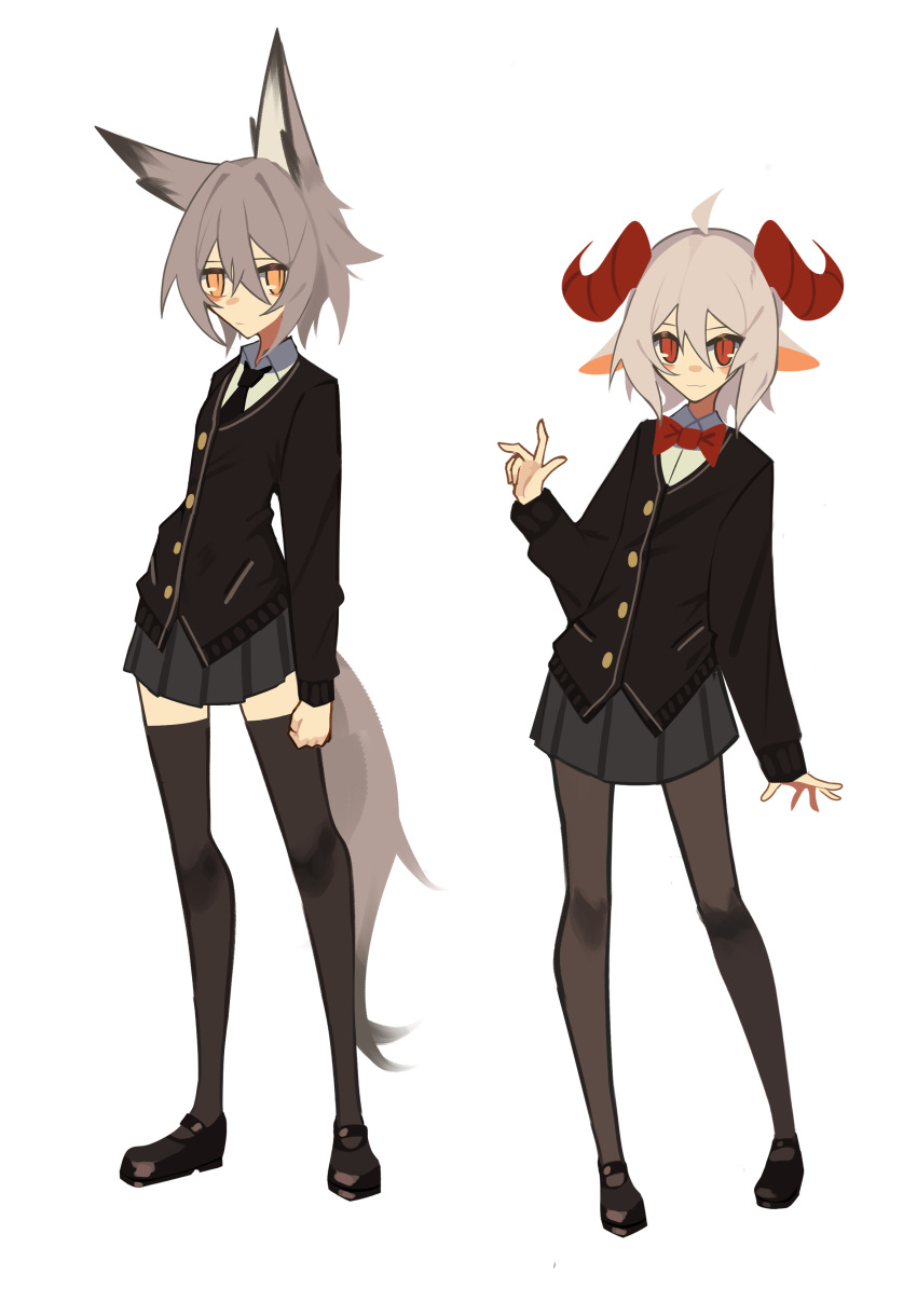 2girls absurdres animal_ears black_footwear clenched_hand fenrir_(ghost_(tama)) flat_chest ghost_(tama) goat_ears goat_girl goat_horns goat_tail grey_hair grey_skirt hair_between_eyes hanah_(populamalus) highres horns looking_at_viewer multiple_girls open_hands original pantyhose red_eyes school_uniform short_hair skirt smile standing tail thigh-highs white_background wolf_ears wolf_girl wolf_tail