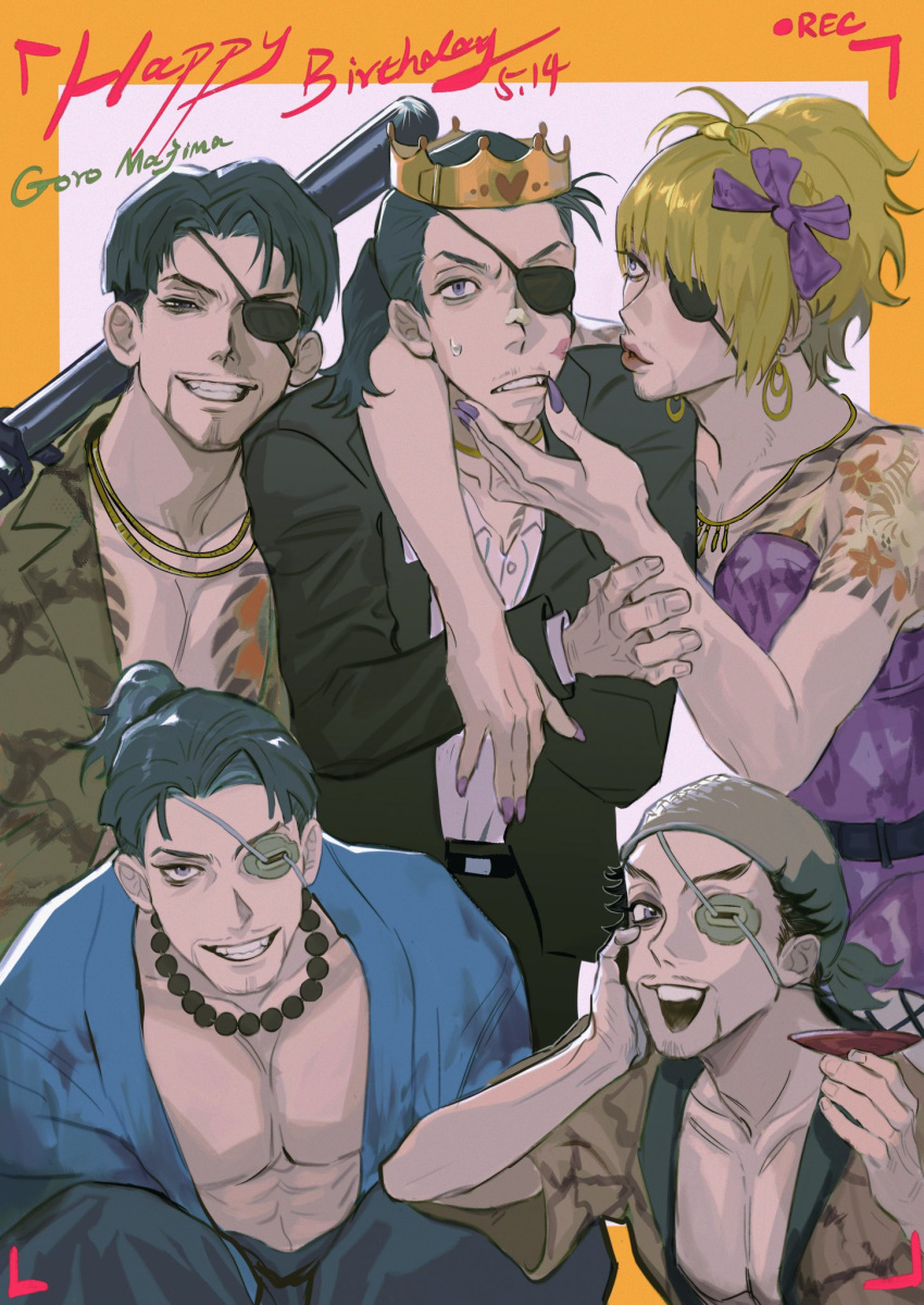 1boy abs birthday black_gloves blonde_hair crossdressinging crown dmmm dress eyepatch facial_hair fangs glass gloves hachimaki hannya happy_birthday headband highres idol japanese_clothes kimono lipstick lipstick_mark looking_at_viewer majima_gorou makeup male_focus metal_baseball_bat multiple_persona okita_souji_(isshin) one-eyed open_clothes open_kimono pink_dress ponytail recording ryuu_ga_gotoku ryuu_ga_gotoku_0 ryuu_ga_gotoku_1 ryuu_ga_gotoku_isshin ryuu_ga_gotoku_kenzan samurai shishido_baiken_(ryuu_ga_gotoku_kenzan) snake_print wig yellow_background