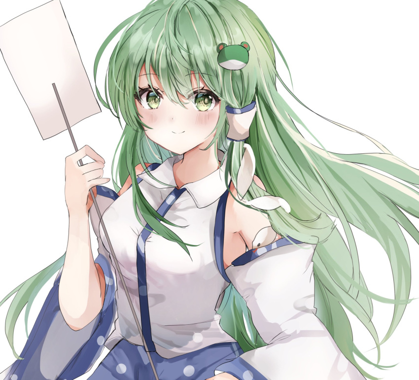 1girl bare_shoulders blue_skirt blush breasts detached_sleeves frog_hair_ornament gohei green_eyes green_hair hair_ornament hair_tubes hand_up highres holding holding_stick kochiya_sanae large_breasts long_hair maruro shirt simple_background skirt smile snake_hair_ornament solo stick touhou upper_body very_long_hair white_background white_shirt wide_sleeves