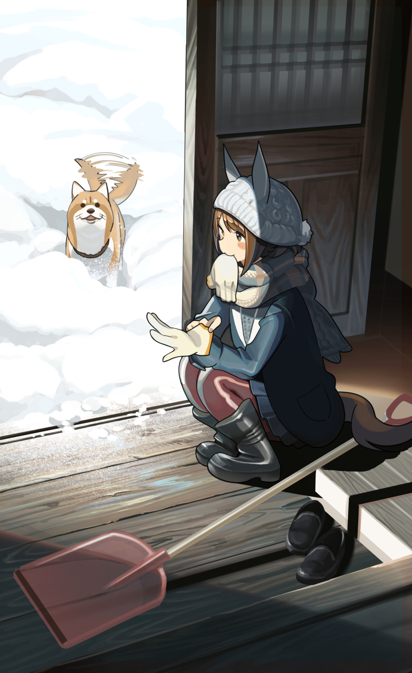 1girl absurdres afterimage animal_ears ashinowoto beanie black_footwear blue_coat blue_skirt blush boots brown_eyes brown_hair coat dog gloves hat highres horse_ears horse_girl horse_tail loafers long_sleeves mouth_hold pants putting_on_gloves red_pants scarf shoes shovel single_glove skirt snow snow_shovel solo squatting tail tail_wagging umamusume white_gloves white_headwear yukino_bijin_(umamusume)