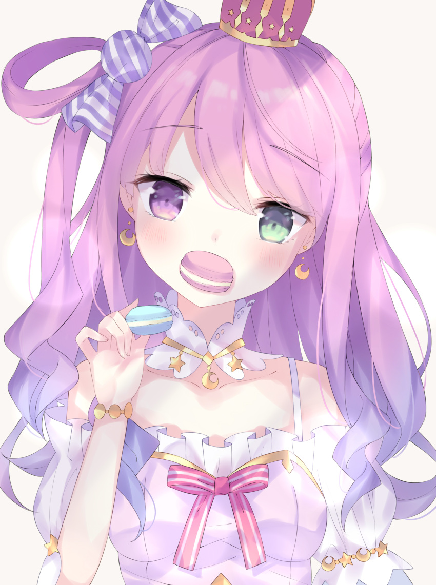 1girl absurdres asakura1540 bangs bare_shoulders blush breasts candy_hair_ornament candy_wrapper commentary_request crown dress eyebrows_visible_through_hair food food_in_mouth food_themed_hair_ornament gradient_hair green_eyes hair_between_eyes hair_ornament hair_rings hand_up head_tilt heterochromia highres himemori_luna holding holding_food hololive long_hair looking_at_viewer macaron mini_crown mouth_hold multicolored_hair off-shoulder_dress off_shoulder pink_dress pink_hair puffy_short_sleeves puffy_sleeves purple_hair short_sleeves small_breasts solo upper_body violet_eyes virtual_youtuber