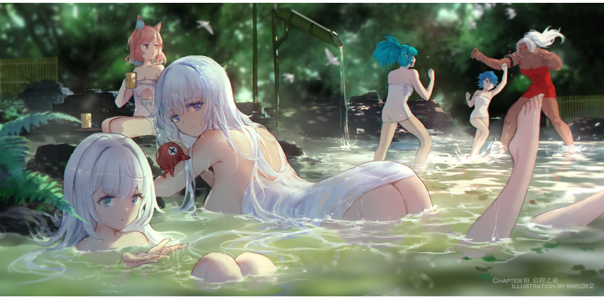 6+girls animal_ear_fluff animal_ears artist_name ass bathing blue_eyes blue_hair breasts copyright_request cup dark_skin dark-skinned_female feet highres holding holding_cup large_breasts legs_up long_hair looking_at_viewer looking_away multiple_girls naked_towel onsen partially_submerged plant red_towel short_hair swd3e2 towel violet_eyes water white_hair white_towel