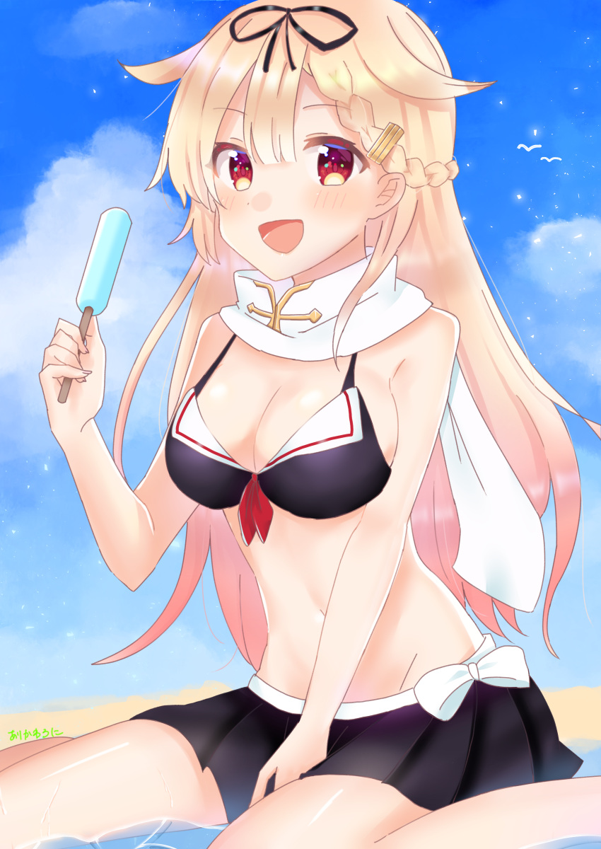 1girl absurdres adapted_costume bikini bikini_skirt black_bikini black_ribbon black_skirt blonde_hair blue_sky clouds commentary_request day food hair_flaps hair_ornament hair_ribbon hairclip highres kantai_collection long_hair looking_at_viewer outdoors partially_submerged popsicle red_eyes remodel_(kantai_collection) ribbon scarf sitting skirt sky solo swimsuit wariza water white_scarf yuudachi_(kancolle)