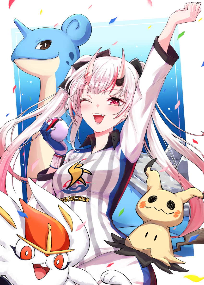 1girl alternate_costume arm_up black_ribbon blue_gloves blush breasts cinderace commentary confetti cowboy_shot fang gen_1_pokemon gen_7_pokemon gen_8_pokemon gloves gradient_hair gym_challenge_uniform hair_ribbon highres holding holding_poke_ball hololive horns lapras long_hair looking_at_viewer medium_breasts mimikyu multicolored_hair nakiri_ayame one_eye_closed oni_horns open_mouth poke_ball pokemon pokemon_(game) pokemon_swsh redhead ribbon shirt shorts silver_hair single_glove smile streaked_hair striped striped_shirt sweatband twintails two-tone_hair vertical-striped_shirt vertical_stripes virtual_youtuber white_shirt white_shorts wing_collar wristband yuu201023
