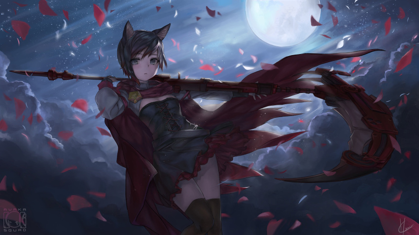 1girl absurdres animal_ears bangs black_hair black_legwear breasts cape cat_ears clasp clouds corset crescent_rose eyebrows_visible_through_hair full_moon grey_eyes highres holding klem looking_at_viewer medium_hair moon night night_sky petals red_cape rose_petals ruby_rose rwby scythe signature skirt sky small_breasts solo standing star_(sky) starry_sky thigh-highs weapon zettai_ryouiki