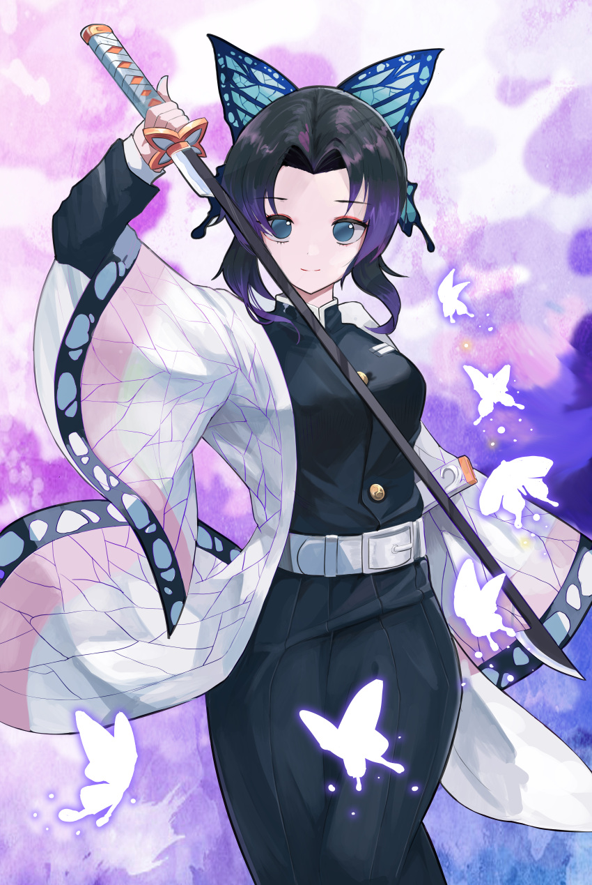 1girl absurdres belt black_dress black_hair breasts bug butterfly butterfly_hair_ornament closed_mouth dress grey_eyes hair_intakes hair_ornament haori highres holding holding_sword holding_weapon huge_filesize insect japanese_clothes katana kimetsu_no_yaiba kochou_shinobu light_smile looking_at_viewer medium_breasts school_uniform sheath short_hair solo sword sylph_p weapon white_belt white_butterfly