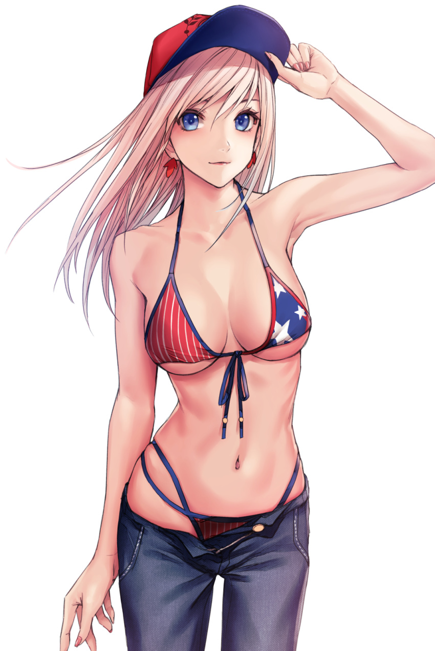 1girl adjusting_clothes adjusting_headwear alternate_hairstyle american_flag_bikini applekun baseball_cap bikini blue_eyes breasts denim fate/grand_order fate_(series) flag_print hair_down hat highres jeans large_breasts long_hair looking_at_viewer miyamoto_musashi_(fate) miyamoto_musashi_(swimsuit_berserker)_(fate) navel pants pink_hair simple_background solo swimsuit white_background