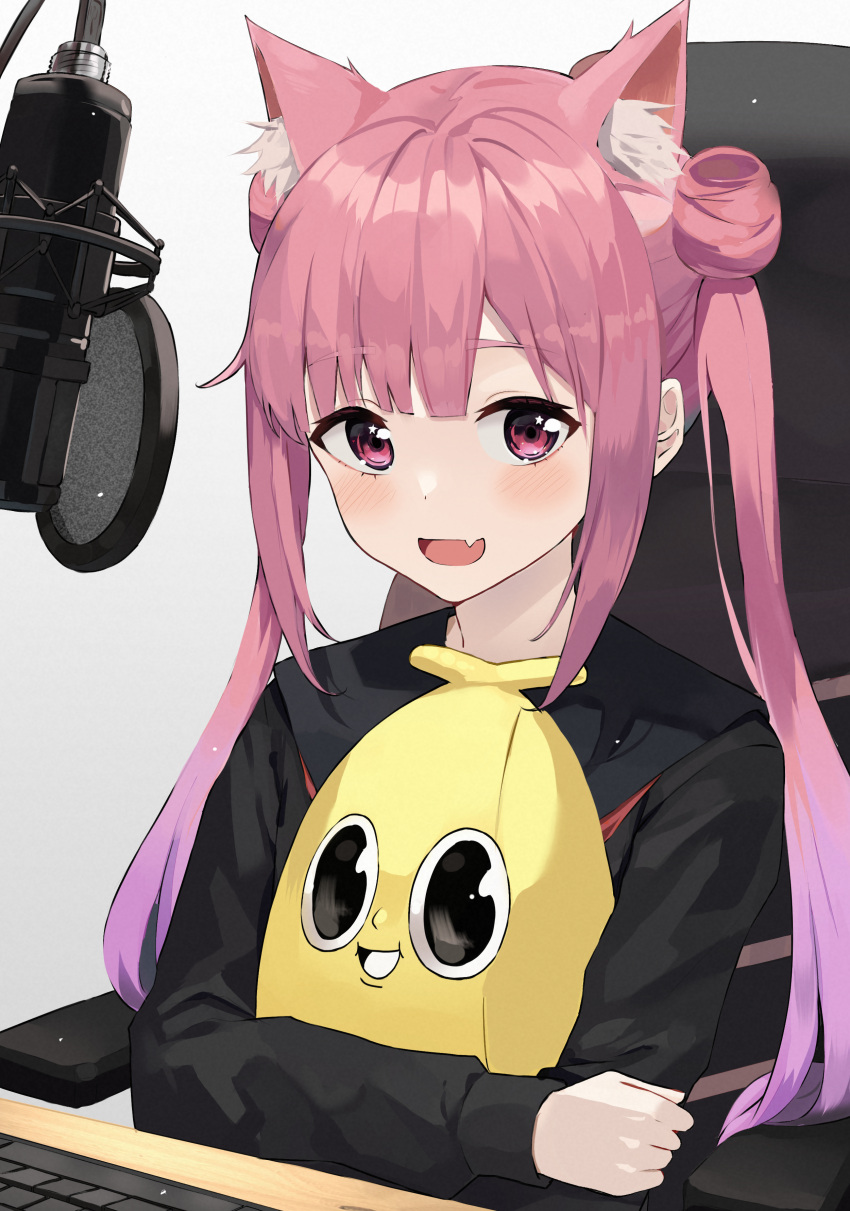 1girl absurdres animal_ear_fluff animal_ears bangs black_shirt blush cat_ears character_request copyright_request double_bun eyebrows_visible_through_hair fang hair_behind_ear highres hwanhee long_sleeves looking_at_viewer microphone object_hug open_mouth pink_eyes pink_hair pop_filter shirt skin_fang smile solo stuffed_toy twintails