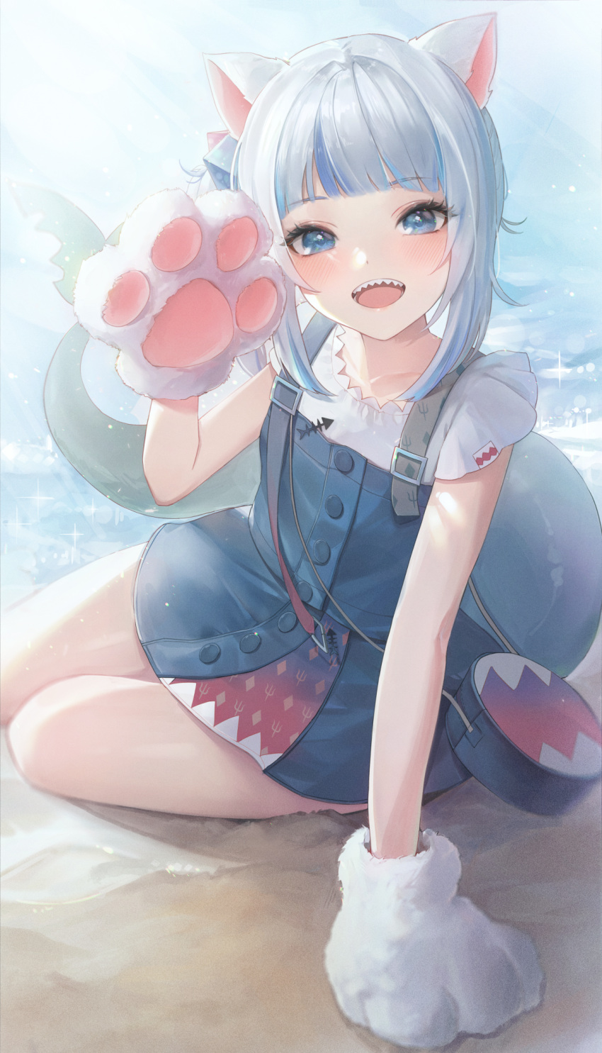 1girl animal_ears arm_support bag bangs blue_eyes blue_hair blunt_bangs blush cat_ears cat_paws commentary eyebrows_visible_through_hair fish_tail gawr_gura highres hololive hololive_english looking_at_viewer lunia medium_hair multicolored_hair open_mouth paws shark_print shark_tail sharp_teeth silver_hair sitting solo tail teeth virtual_youtuber water