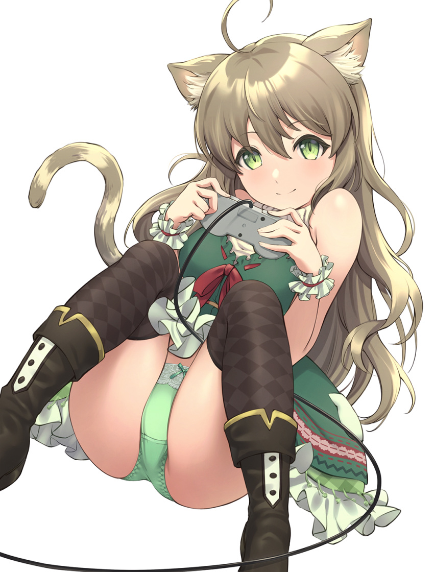 1girl ahoge animal_ears argyle argyle_legwear bangs bare_shoulders black_footwear black_legwear blush boots borrowed_character bow bow_panties breasts brown_hair cat_ears cat_girl cat_tail chokuro closed_mouth commentary_request controller dress eyebrows_visible_through_hair frilled_dress frills game_controller green_dress green_eyes green_panties hair_between_eyes hands_up highres holding knees_up long_hair looking_at_viewer medium_breasts original panties simple_background sleeveless sleeveless_dress smile solo tail thigh-highs thighhighs_under_boots underwear very_long_hair white_background wrist_cuffs