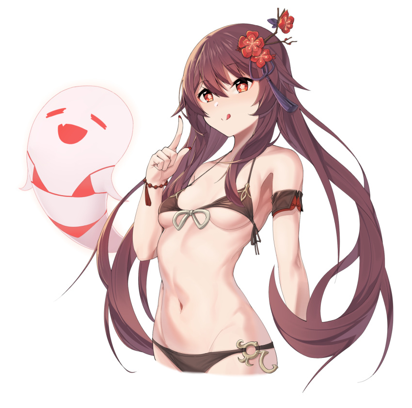 1girl :p bare_shoulders bead_bracelet beads bikini black_bikini bow bowtie bracelet breasts brown_hair cropped_legs fang flower genshin_impact ghost groin hair_flower hair_ornament highres hu_tao index_finger_raised jewelry mung_(larnec) navel open_mouth plum_blossoms red_eyes simple_background small_breasts smile solo_focus star-shaped_pupils star_(symbol) stomach string_bikini swimsuit swimwear symbol-shaped_pupils tongue tongue_out twintails under_boob white_background
