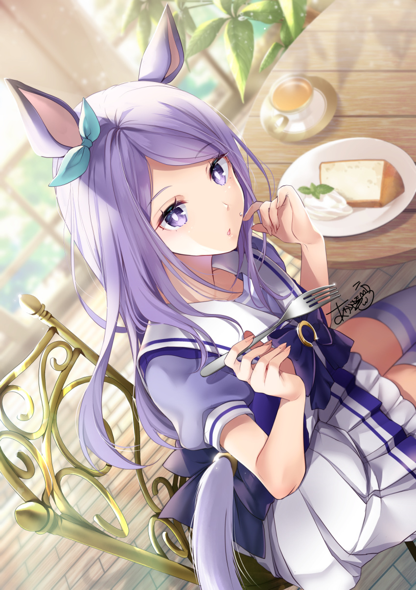 1girl akatsuki_hijiri animal_ears bow cake cake_slice chair cup dessert eating eyebrows_visible_through_hair food food_on_face fork hair_ornament hair_ribbon highres holding holding_fork horse_ears horseshoe jewelry light light_particles long_hair looking_at_viewer mejiro_mcqueen_(umamusume) meringue mint parted_lips plant pleated_skirt purple_hair purple_shirt ribbon ring shadow shirt short_sleeves signature sitting skirt solo striped striped_legwear striped_skirt tail tea teacup thigh-highs umamusume violet_eyes water_drop white_legwear white_skirt wooden_floor wooden_table