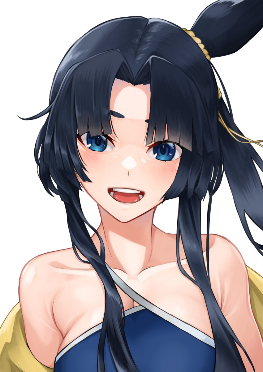 1girl bangs blue_eyes collarbone fate/grand_order fate_(series) highres jacket kugatunohito looking_at_viewer open_clothes open_jacket open_mouth parted_bangs side_ponytail sidelocks solo ushiwakamaru_(fate) ushiwakamaru_(swimsuit_assassin)_(fate) yellow_jacket
