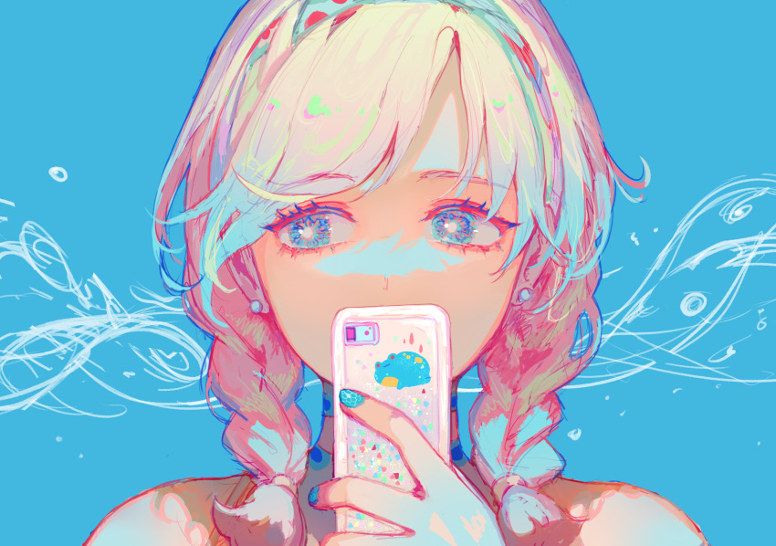 1girl arknights bangs bare_shoulders blue_background blue_eyes blue_nails blue_poison_(arknights) blue_poison_(shoal_beat)_(arknights) braid cellphone choker english_commentary eyebrows_visible_through_hair hair_between_eyes highres holding holding_phone looking_to_the_side phone pink_choker pink_hair pinlin portrait short_hair sidelocks sideways_glance smartphone solo twin_braids