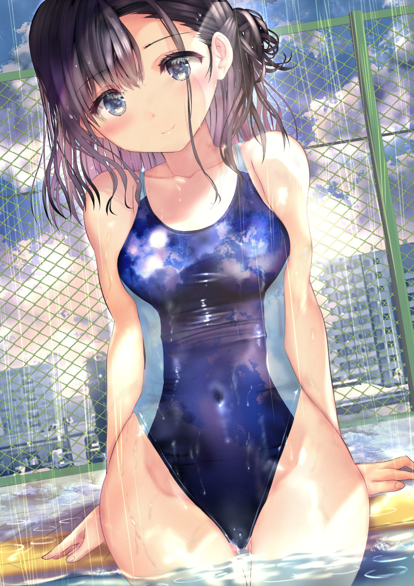 1girl absurdres black_hair blue_eyes blue_swimsuit breasts chain-link_fence cityscape clouds commentary_request competition_swimsuit covered_navel cowboy_shot dutch_angle fence highres long_hair looking_at_viewer medium_hair ogata_tei one-piece_swimsuit one_side_up original poolside rain short_hair small_breasts solo swimsuit water