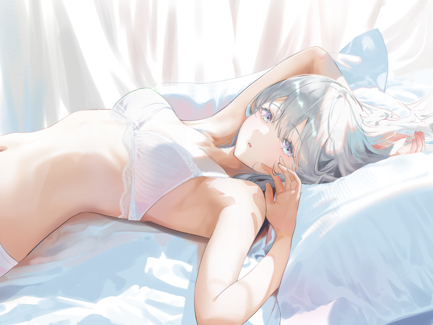 1girl absurdres armpits arms_up bare_arms bare_shoulders bed_sheet bra breasts curtains highres jenmin12 long_hair looking_at_viewer lying medium_breasts navel on_back original parted_lips pillow silver_hair solo stomach underwear underwear_only violet_eyes white_bra white_theme