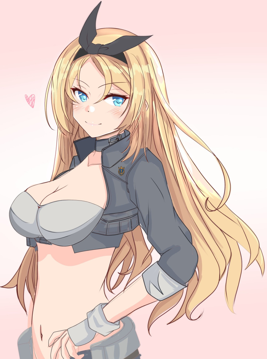1girl bandeau black_hairband blonde_hair blue_eyes breasts commentary_request cowboy_shot cropped_jacket fingerless_gloves gloves gradient gradient_background grey_gloves grey_jacket hairband highres jacket kantai_collection large_breasts looking_at_viewer midriff navel nelson_(kancolle) nitamago_(sakamalh) official_alternate_costume pink_background racequeen solo