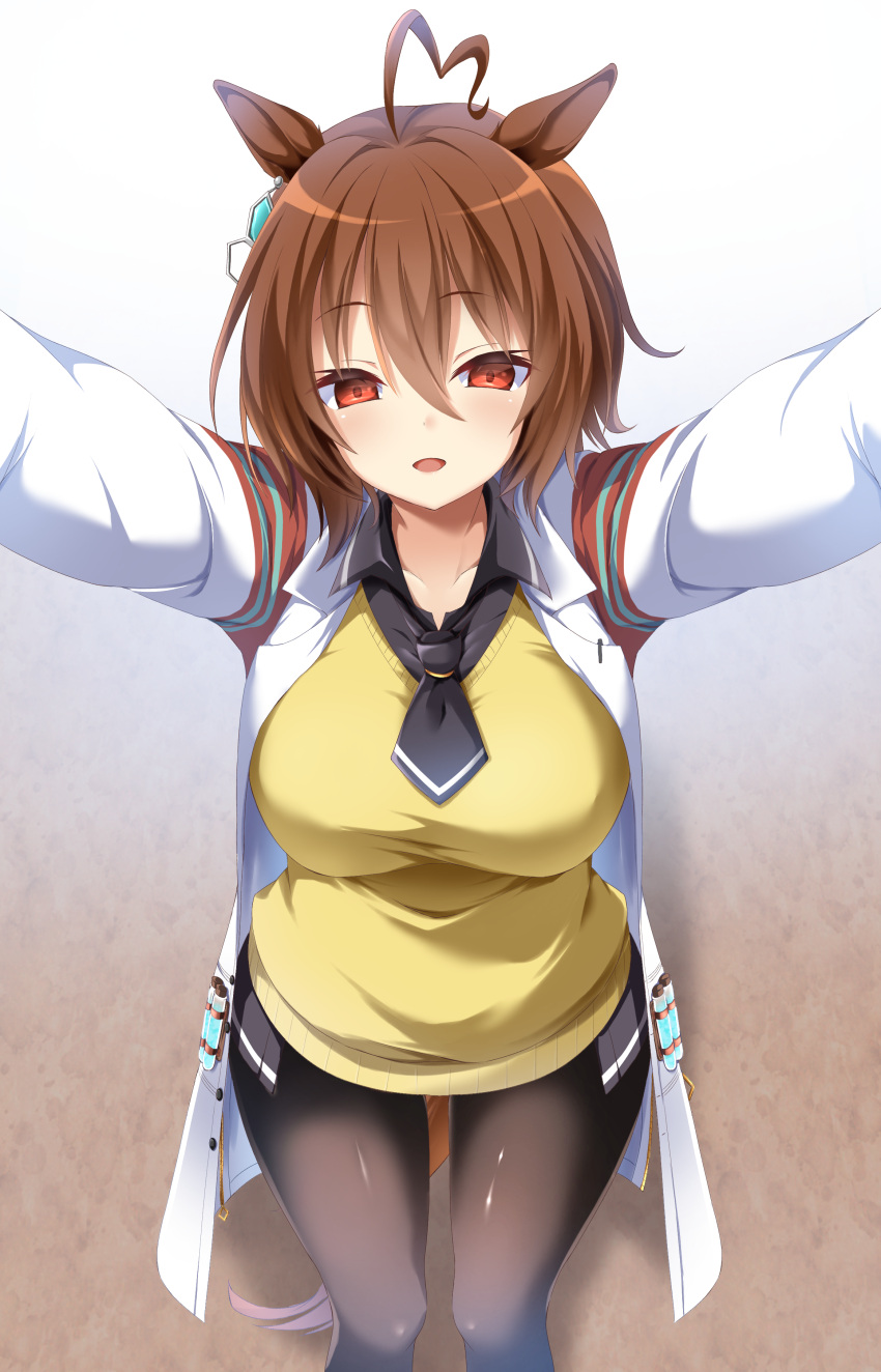 1girl absurdres agnes_tachyon_(umamusume) ahoge animal_ears black_legwear black_shirt breasts brown_hair collarbone collared_shirt eyebrows_visible_through_hair from_above hair_ornament highres horse_ears labcoat large_breasts neckerchief open_mouth pants pantyhose pov reaching_out red_eyes ryochapu shirt smile solo sweater test_tube tight tight_pants umamusume wing_collar yellow_sweater_vest