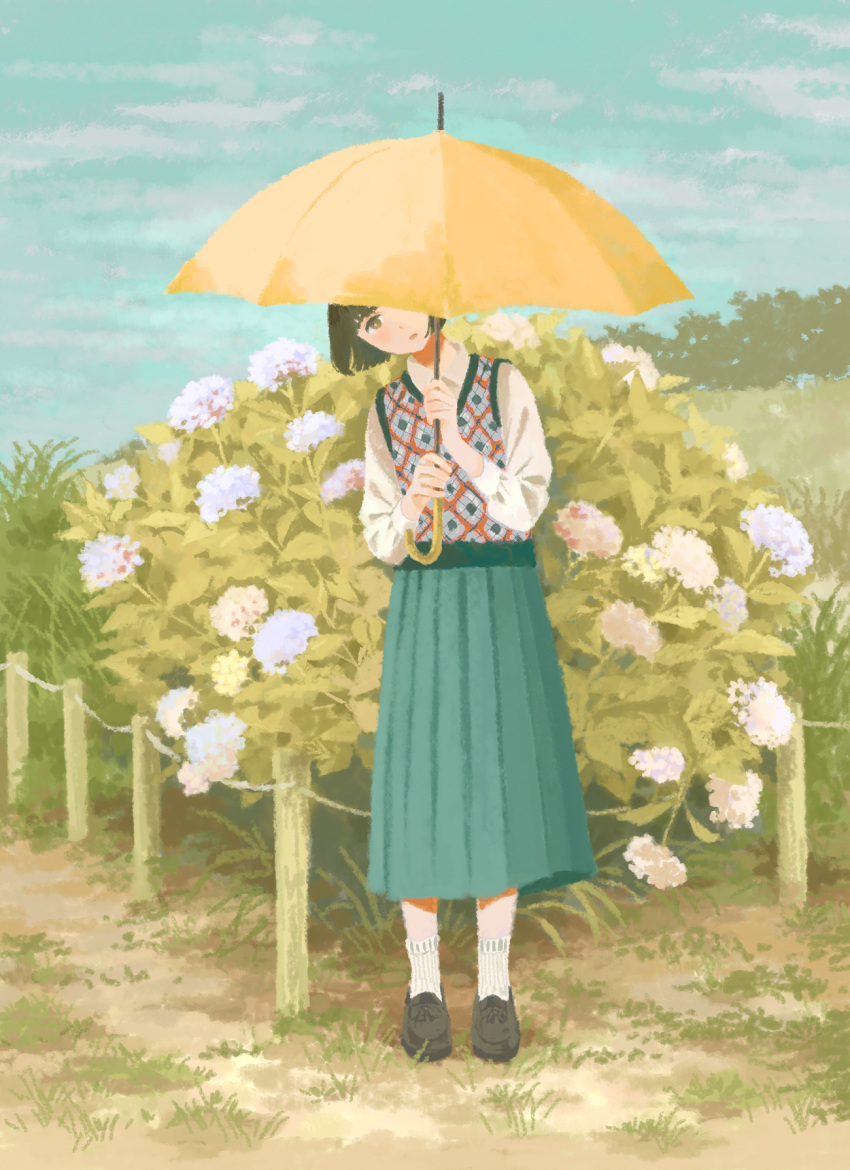 1girl aqua_skirt black_footwear black_hair clouds cloudy_sky collared_shirt flower grass hands_up highres holding holding_umbrella inoue_haruka_(haruharu210) leaf long_skirt one_eye_covered orange_umbrella original outdoors plant pleated_skirt shirt shoes short_hair skirt sky solo standing umbrella vest wide_shot