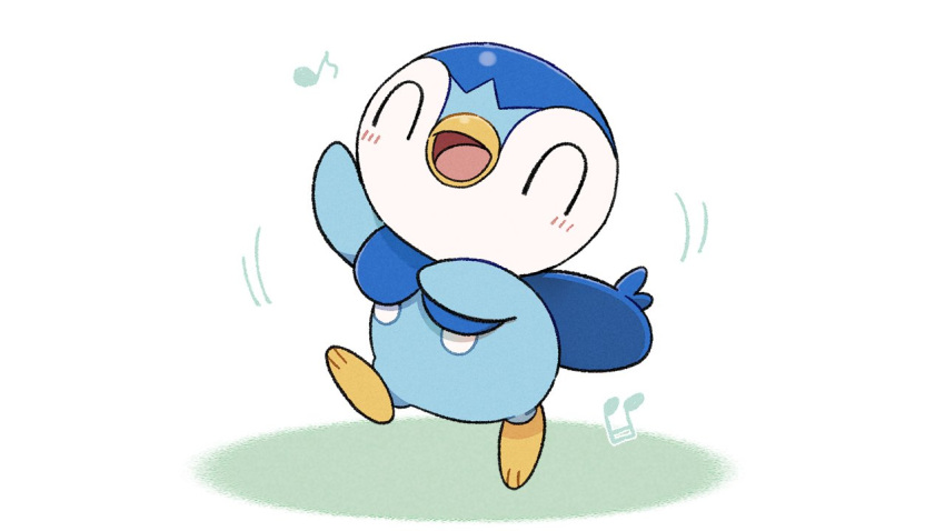 blush closed_eyes commentary_request creature full_body gen_4_pokemon musical_note no_humans official_art open_mouth piplup pokemon pokemon_(creature) prj_pochama smile solo starter_pokemon tongue