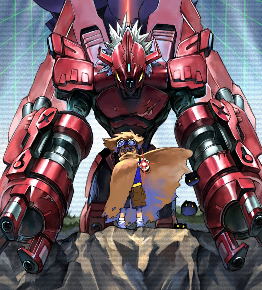 1boy arm_cannon armor blitzgreymon blue_shirt botamon brown_cape brown_hair brown_shorts cape commentary covered_mouth digimon digimon_(creature) digimon_adventure: digivice full_body gloves glowing glowing_eyes goggles goggles_on_head green_eyes hair_between_eyes hand_up highres holding horns level-00 looking_at_viewer loose_socks male_focus mecha plant shirt short_hair shorts sketch socks spiky_hair t-shirt torn_cape torn_clothes weapon white_gloves white_legwear yagami_taichi yellow_eyes