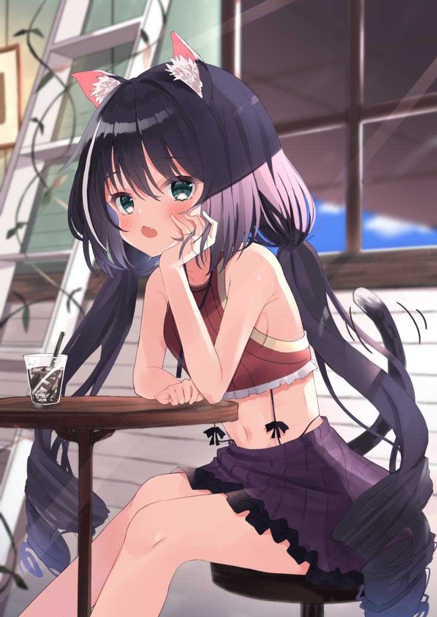 1girl agaki_anko animal_ear_fluff animal_ears bangs black_hair black_skirt blurry blurry_background breasts brown_shirt cat_ears cat_tail cropped_shirt cup depth_of_field drill_hair drinking_glass drinking_straw elbow_rest eyebrows_visible_through_hair fang frilled_skirt frills green_eyes head_rest highres indoors karyl_(princess_connect!) long_hair looking_at_viewer low_twintails miniskirt motion_lines navel princess_connect! princess_connect!_re:dive shirt sideboob sitting skirt solo stool table tail twintails very_long_hair window