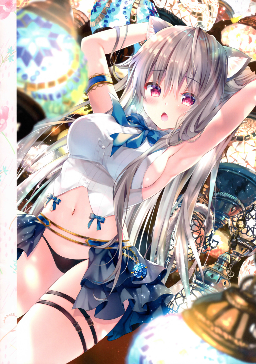 1girl :o absurdres animal_ears armlet armpits arms_up bare_shoulders black_panties black_skirt blurry bow bowtie breasts cat_ears crop_top depth_of_field grey_hair highres kino_(kino_konomi) lantern large_breasts long_hair looking_at_viewer miniskirt navel open_mouth original panties red_eyes revealing_clothes shirt showgirl_skirt sideboob skirt sleeveless sleeveless_shirt solo stomach string_panties thigh_strap thighs underwear white_shirt