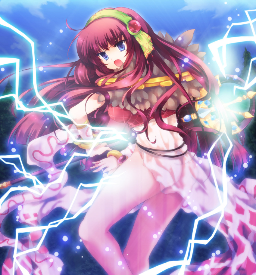 1girl argyle_dress ass bangle bangs bra bracelet breasts commentary_request detached_sleeves dress electricity eyebrows_visible_through_hair feet_out_of_frame fur_collar green_hairband hairband highres hizukiryou holding holding_staff jewelry long_hair looking_at_viewer looking_back magic medium_breasts no_panties open_mouth outdoors pine_tree ragnarok_online red_bra redhead see-through solo sorcerer_(ragnarok_online) staff tree underwear white_dress white_sleeves