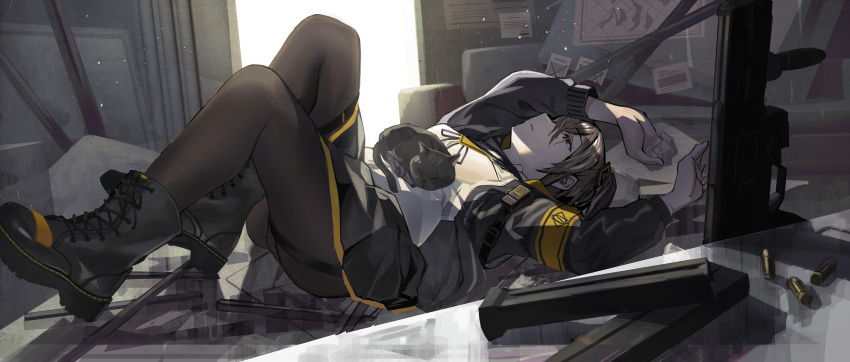 1girl absurdres animal ass black_hair black_legwear boots breasts bullet cat fujita_(condor) girls_frontline h&amp;k_ump45 highres jacket long_hair lying magazine_(weapon) on_back pantyhose parted_lips scar scar_across_eye side_ponytail skirt solo ump45_(girls_frontline) yellow_eyes