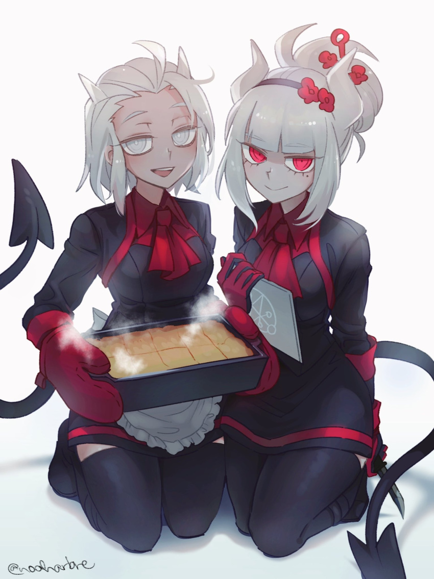 2girls :d apple_pie apron bangs black_hairband black_legwear blunt_bangs bow bowtie commentary_request demon_tail dress eyebrows_visible_through_hair flower gloves grey_eyes hair_flower hair_ornament hairband helltaker highres holding holding_knife horns justice_(helltaker) kneeling knife long_sleeves looking_at_viewer lucifer_(helltaker) mittens mole mole_under_eye multiple_girls noaharbre open_mouth red_eyes red_gloves red_neckwear simple_background smile steam tail thigh-highs