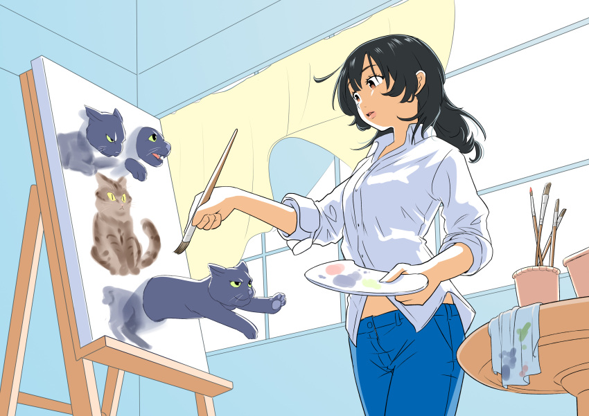 1girl absurdres black_hair blue_pants canvas_(object) cat collared_shirt cowboy_shot curtains easel highres kara_foo long_hair long_sleeves midriff original paintbrush palette pants parted_lips shadow shirt solo table white_shirt window