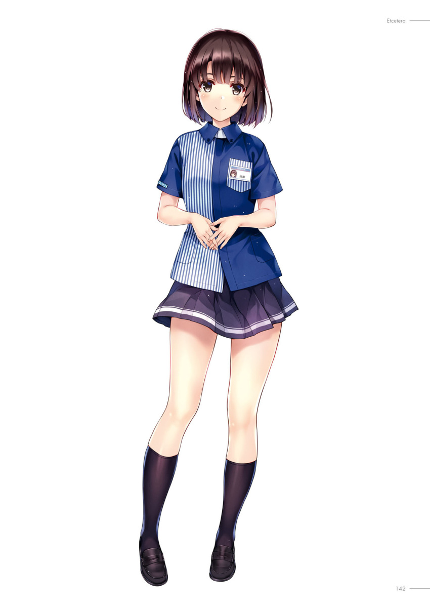 1girl bangs black_legwear breasts brown_eyes brown_hair closed_mouth full_body highres katou_megumi looking_at_viewer medium_breasts misaki_kurehito official_art page_number saenai_heroine_no_sodatekata shoes short_hair short_sleeves skirt smile socks standing