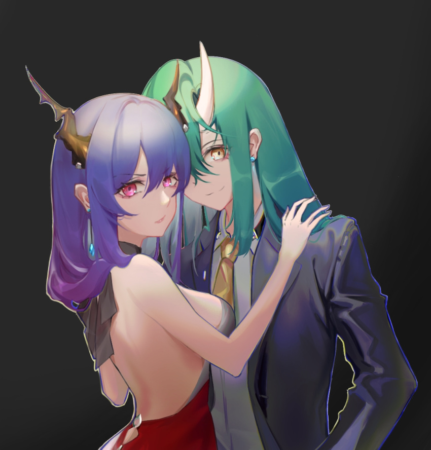 2girls alternate_costume alternate_eye_color arknights backless_dress backless_outfit bangs bare_arms bare_back bare_shoulders black_background black_jacket blue_hair breasts ch'en_(arknights) commentary_request dragon_horns dress green_hair grey_shirt hair_between_eyes horns horo_zhuzhu hoshiguma_(arknights) jacket long_hair long_sleeves looking_at_viewer medium_breasts multiple_girls necktie open_clothes open_jacket pink_eyes shirt simple_background smile upper_body yellow_eyes yuri