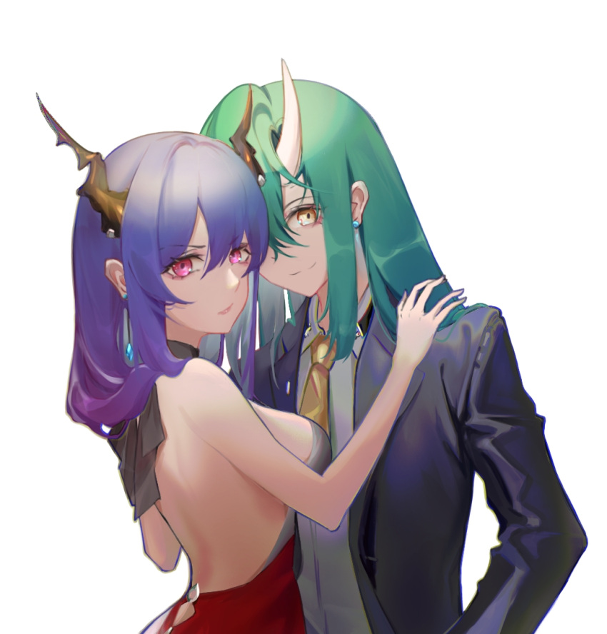 2girls alternate_costume alternate_eye_color arknights backless_dress backless_outfit bangs bare_arms bare_back bare_shoulders black_jacket blue_hair breasts ch'en_(arknights) commentary_request dragon_horns dress green_hair grey_shirt hair_between_eyes horns horo_zhuzhu hoshiguma_(arknights) jacket long_hair long_sleeves looking_at_viewer medium_breasts multiple_girls necktie open_clothes open_jacket pink_eyes shirt simple_background smile upper_body white_background yellow_eyes yuri