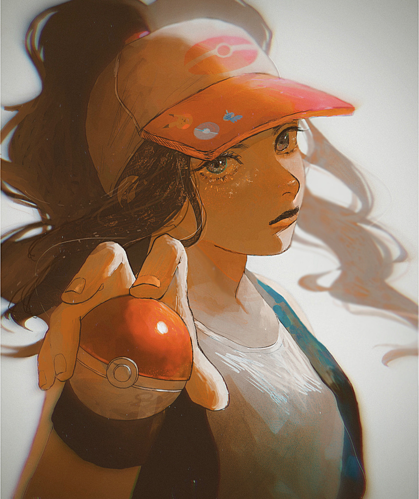 1girl absurdres baseball_cap black_vest black_wristband blurry brown_hair closed_mouth eyelashes fingernails floating_hair hand_up hat highres hilda_(pokemon) holding holding_poke_ball huge_filesize long_hair nikaidou_goshira open_clothes open_vest poke_ball poke_ball_(basic) pokemon pokemon_(game) pokemon_bw shirt sidelocks solo upper_body vest white_shirt wristband