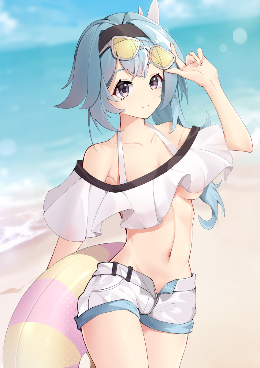 1girl absurdres adjusting_eyewear arm_up bangs bare_shoulders beach blue_hair breasts changxian chinese_commentary collarbone commentary_request cowboy_shot eula_(genshin_impact) eyewear_on_head genshin_impact hairband halter_top halterneck highres holding holding_innertube innertube looking_at_viewer medium_breasts navel short_shorts shorts smile solo stomach sunglasses violet_eyes white_shorts