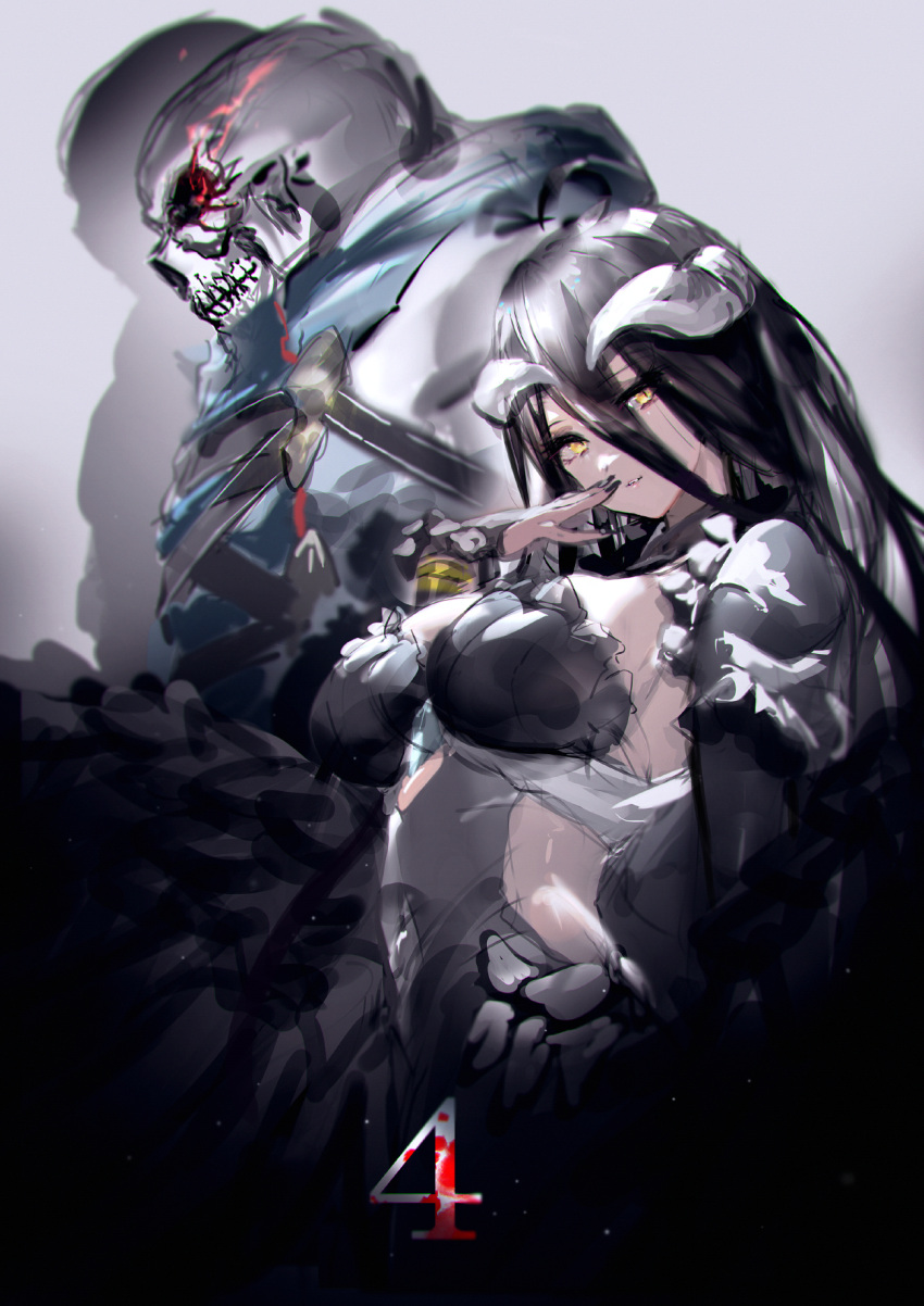 1boy 1girl ainz_ooal_gown albedo_(overlord) black_dress black_hair black_nails breasts covering_mouth dress drop_shadow fingernails glowing glowing_eyes hand_over_own_mouth highres horns juliet_sleeves large_breasts long_hair long_sleeves looking_at_viewer nail_polish official_art overlord_(maruyama) parted_lips puffy_sleeves skeleton skull slit_pupils smile so-bin yellow_eyes