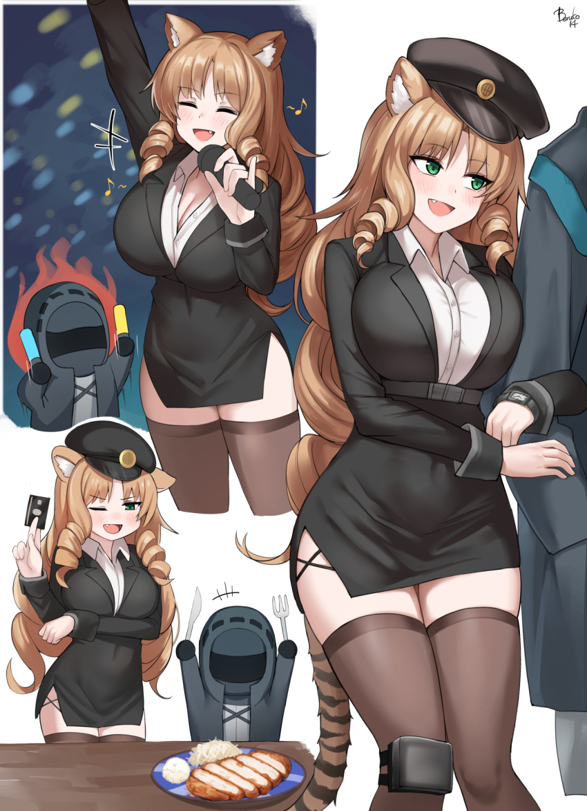 +++ 1girl 1other :d ;d ambiguous_gender animal_ears arknights artist_name beamed_eighth_notes belt beret beruko14 black_belt black_dress black_headwear black_legwear blonde_hair blush breasts cowboy_shot cropped_legs doctor_(arknights) dress drill_hair fang feet_out_of_frame fork green_eyes hat highres holding holding_fork holding_glowstick holding_knife holding_microphone knife large_breasts locked_arms long_hair microphone multiple_views music musical_note one_eye_closed open_mouth shirt singing single_knee_pad smile swire_(arknights) table tail thigh-highs thighs tiger_ears tiger_girl tiger_tail tonkatsu very_long_hair watch watch white_shirt