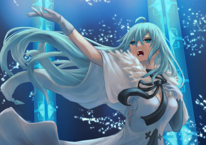 1girl absurdres ahoge aqua_eyes aqua_hair arm_up dress gloves hand_on_own_chest highres long_hair music open_mouth outstretched_arm siki10ga singing vivy vivy:_fluorite_eye's_song white_dress white_gloves