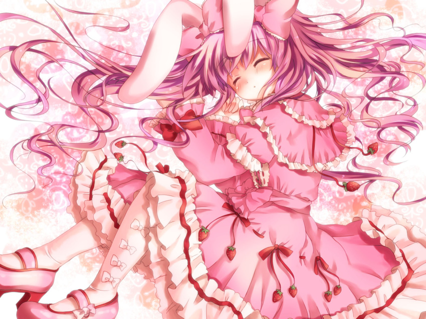 1girl animal_ears bangs blush bow bow_legwear commentary_request dress eyebrows_visible_through_hair food frilled_bow frilled_dress frilled_sleeves frills fruit full_body hair_bow high_heels highres hizukiryou juliet_sleeves lolita_fashion long_hair long_sleeves open_mouth original pantyhose pink_dress pink_footwear pink_hair puffy_sleeves rabbit_ears red_bow sleeping sleeve_bow solo strawberry sweet_lolita white_legwear