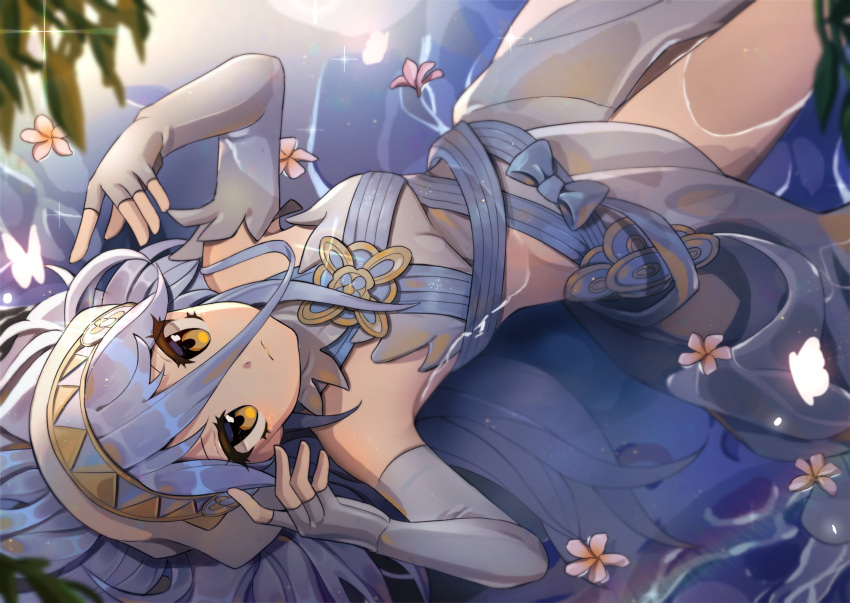 1girl absurdres afloat asymmetrical_legwear azura_(fire_emblem) blue_hair blue_ribbon blurry bug butterfly cappu closed_mouth commentary depth_of_field dress elbow_gloves fingerless_gloves fire_emblem fire_emblem_fates flower gloves glowing_butterfly hair_between_eyes highres insect long_hair looking_at_viewer lying on_back ribbon ripples solo veil white_dress yellow_eyes