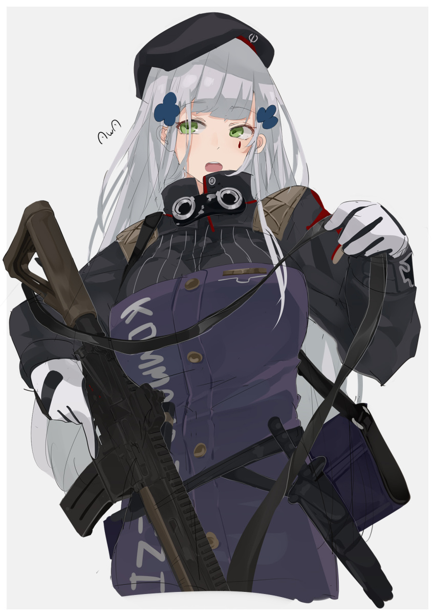 1girl artist_name assault_rifle bag bangs beret breasts eyebrows_visible_through_hair girls_frontline gloves green_eyes gun h&amp;k_hk416 hat highres hk416_(girls_frontline) holding holding_weapon knife_holster long_hair looking_at_viewer medium_breasts open_mouth rifle silver_hair solo sutekina_awa uniform weapon white_background white_gloves