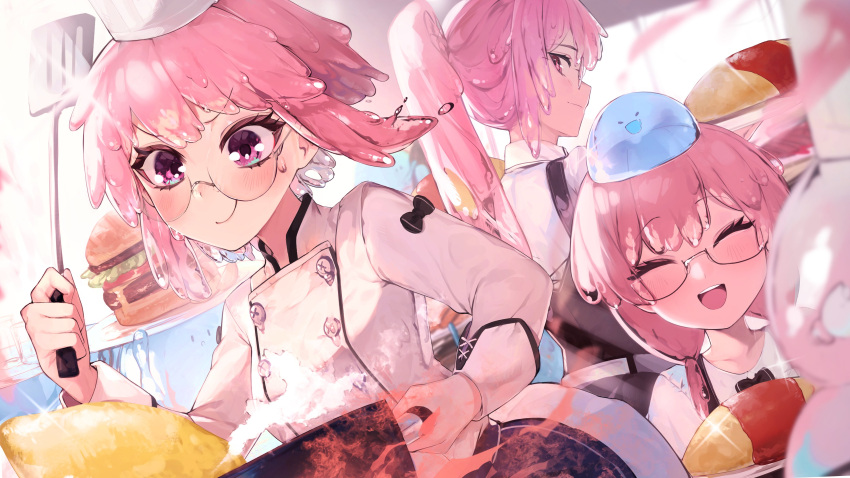 3girls absurdres apron bangs black_apron black_bow blush bow breasts burger buttons chef_hat chef_uniform closed_eyes double-breasted fire food glasses hat highres hiiragi_mikoto holding long_hair long_sleeves looking_at_viewer looking_back multiple_girls multiple_views open_mouth original pink_eyes pink_hair ponytail round_eyewear sae_(hiiragi_mikoto) shiny shiny_hair short_hair smile