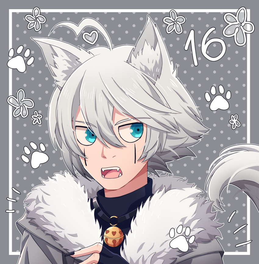 1boy ahoge animal_ear_fluff animal_ears bell black_gloves black_nails blue_eyes cheer_(cheerkitty14) dangan_ronpa_(series) dangan_ronpa_v3:_killing_harmony english_commentary fangs fingerless_gloves fur-trimmed_jacket fur_trim gloves grey_background grey_hair grey_jacket hand_up heart highres jacket jewelry keebo necklace number o-ring open_mouth paw_print paw_print_background polka_dot polka_dot_background portrait short_hair sideways_glance solo tail wolf_boy wolf_ears wolf_tail