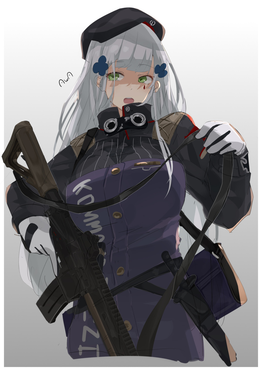 1girl artist_name assault_rifle bag bangs beret breasts eyebrows_visible_through_hair girls_frontline gloves green_eyes gun h&amp;k_hk416 hat highres hk416_(girls_frontline) holding holding_weapon knife_holster long_hair looking_at_viewer medium_breasts open_mouth rifle silver_hair solo sutekina_awa uniform weapon white_background white_gloves